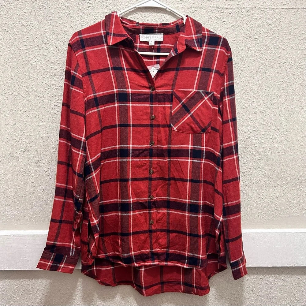 Pink Rose Rust Plaid Button Down Flannel Top NWT Small